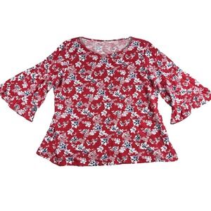 J Jill Top Womens XL Red Floral 3/4 Bell Sleeve Ruffle Modal Casual Cottagecore
